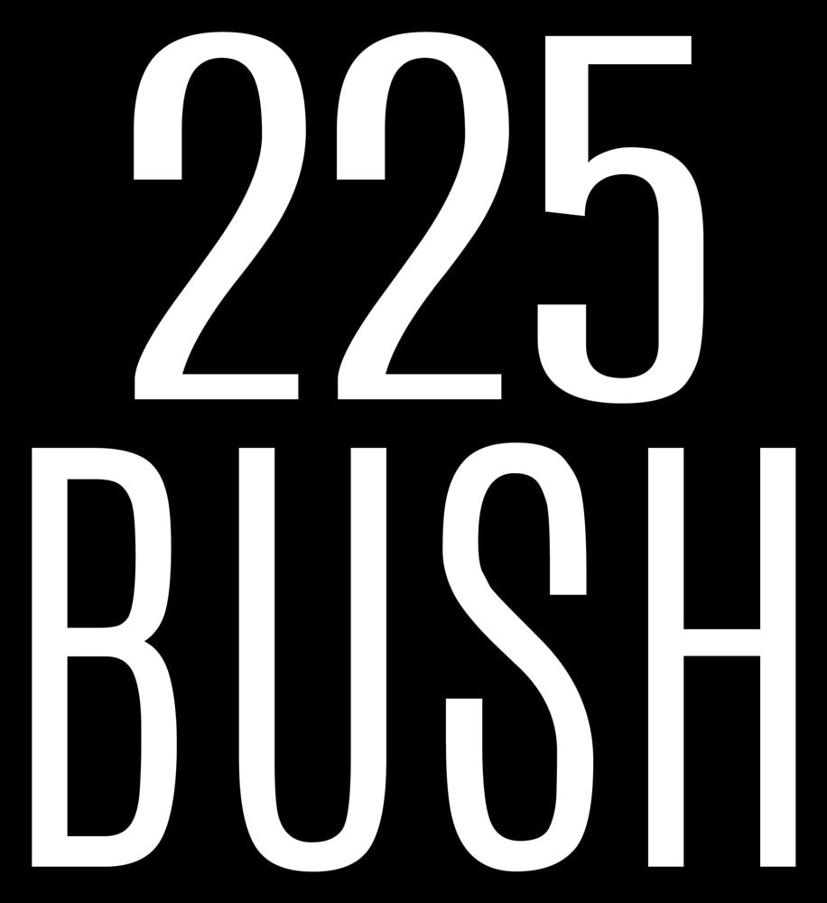 225 Bush White Logo Vertical Lockup Dark Bg